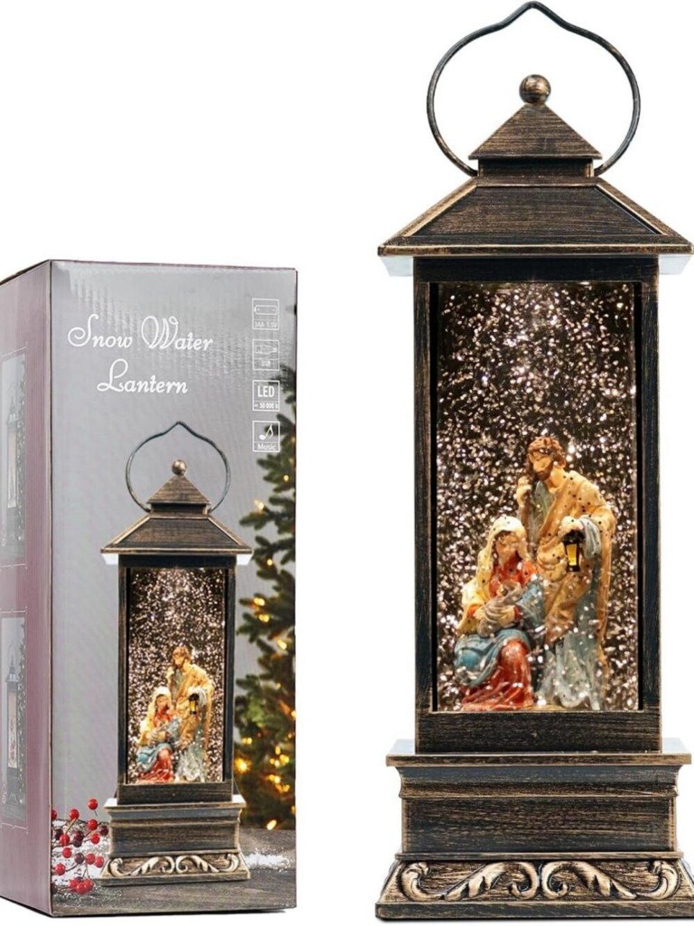 12" Christmas Snow Globe Lantern - Glittering LED Light, Music & Nativity Scene